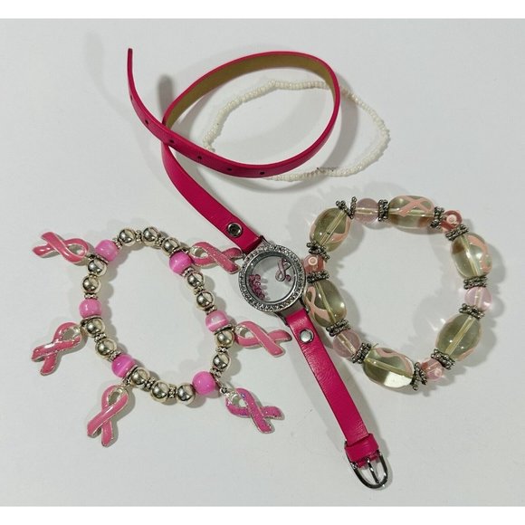 Breast Cancer Awareness Bracelet Set Origami Owl Rhinestone Bracelet Pink Ribbon - Picture 8 of 8